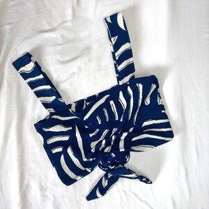 Blue and White Tie Front Crop Tank Top